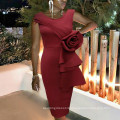 Sexy Bodycon Big Flower Ruffle Wine Red Chic Sleeveless Lady Club Dress